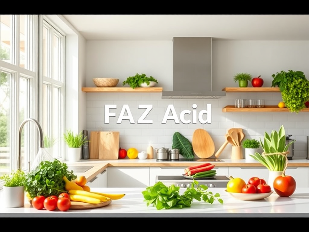На кухне с овощами и фруктами, надпись "FAZ Acid" на стене. Светлое пространство и натуральные материалы.