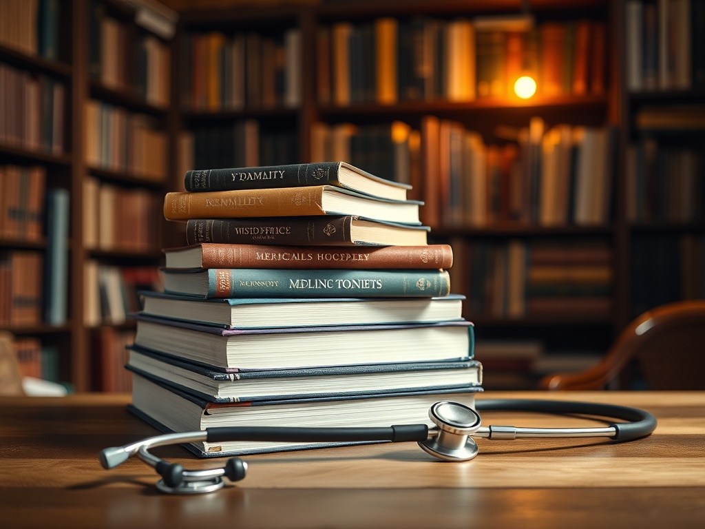 На столе стопка книг и стетоскоп на фоне библиотечных стеллажей. Атмосфера учебы и науки.