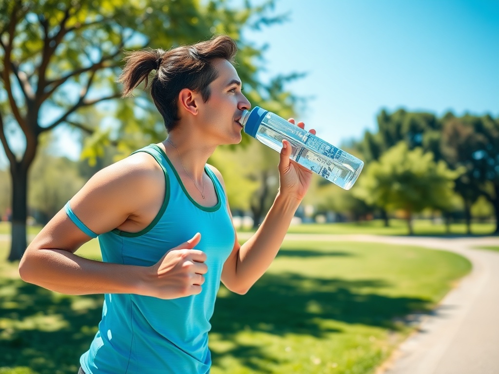 Молодой человек в спортивной одежде бежит в парке и пьет воду из бутылки. На улице солнечно.