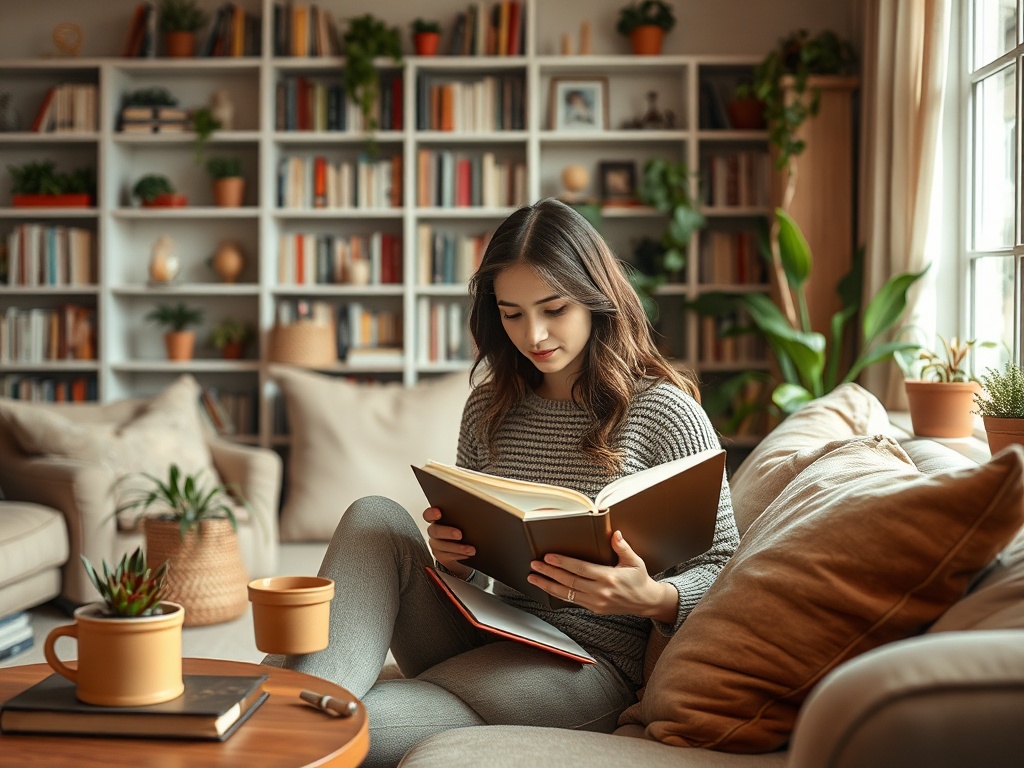 Девушка сидит на диване и читает книгу в уютной комнате с растениями и книжными полками.
