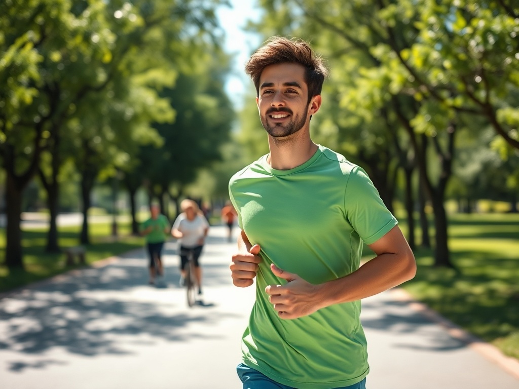 Молодой человек в зеленой футболке бегает по парку, наслаждаясь активным отдыхом в солнечный день.