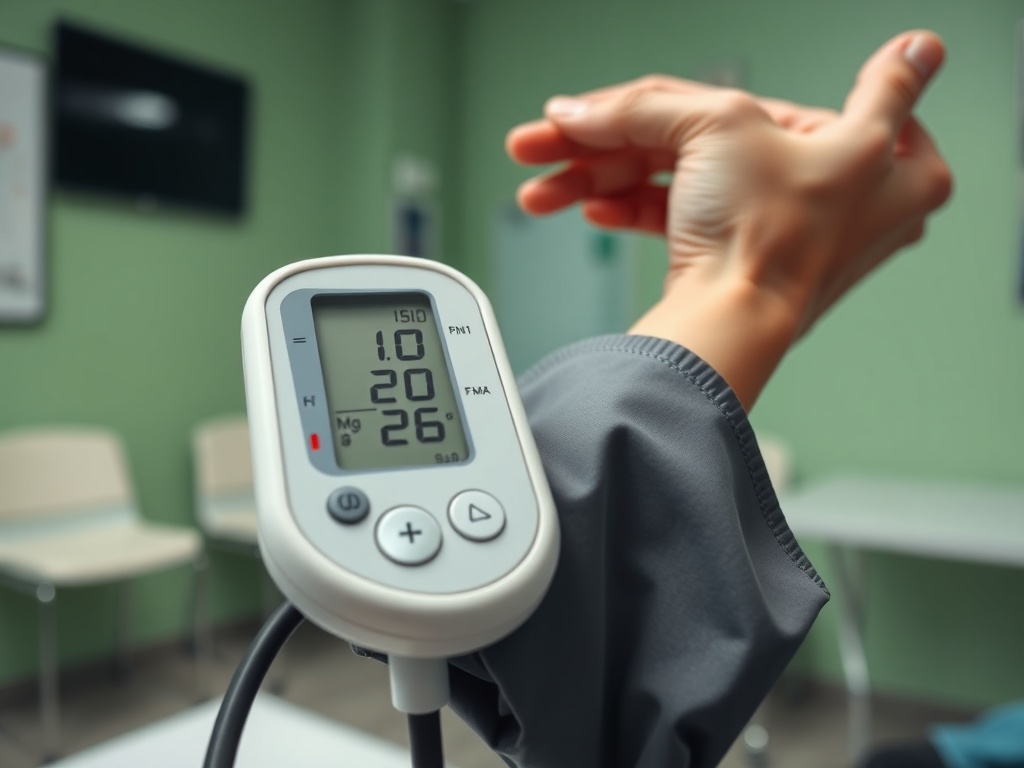 Прибор для измерения давления на фоне медицинского кабинета с видимой рукой пациента.