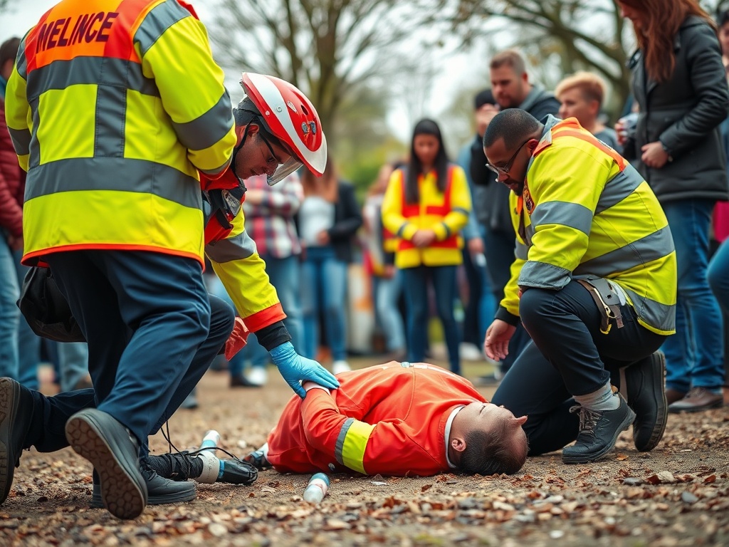 На картинке медики помогают пострадавшему на улице, вокруг них собралась толпа наблюдателей.
