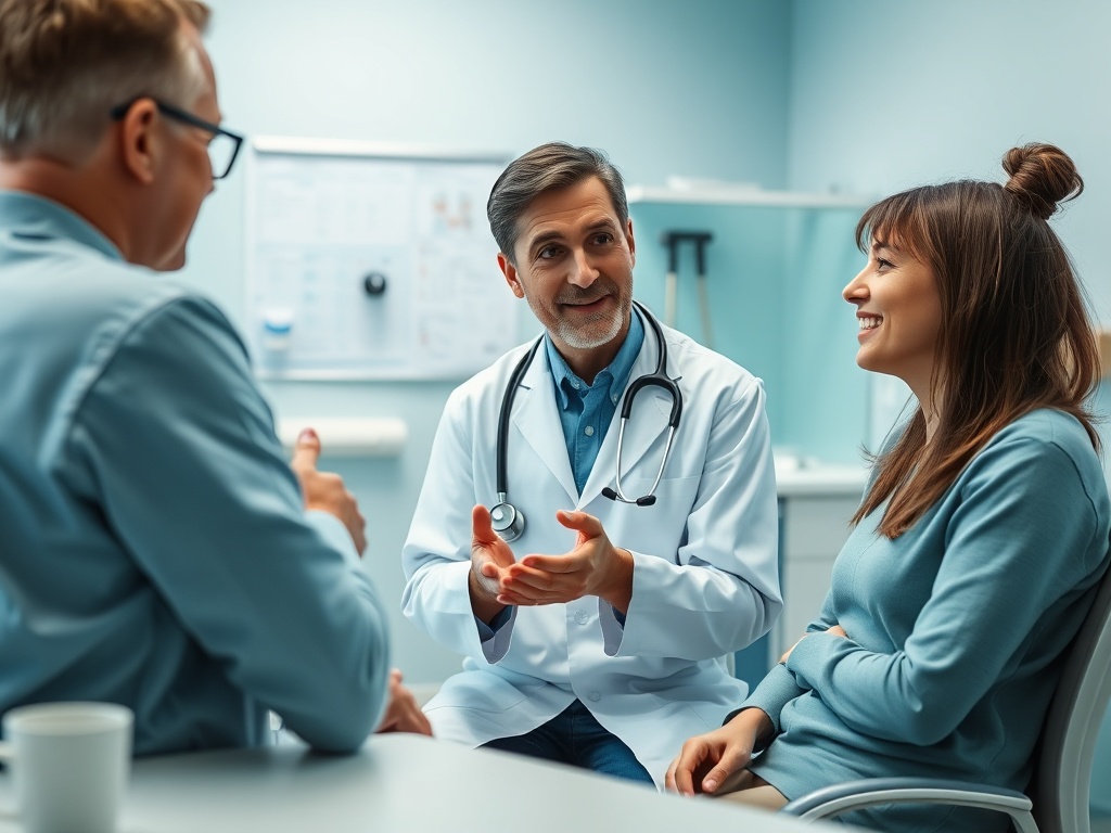 Врач беседует с пациенткой и другим врачом в кабинете, обсуждая медицинские вопросы.