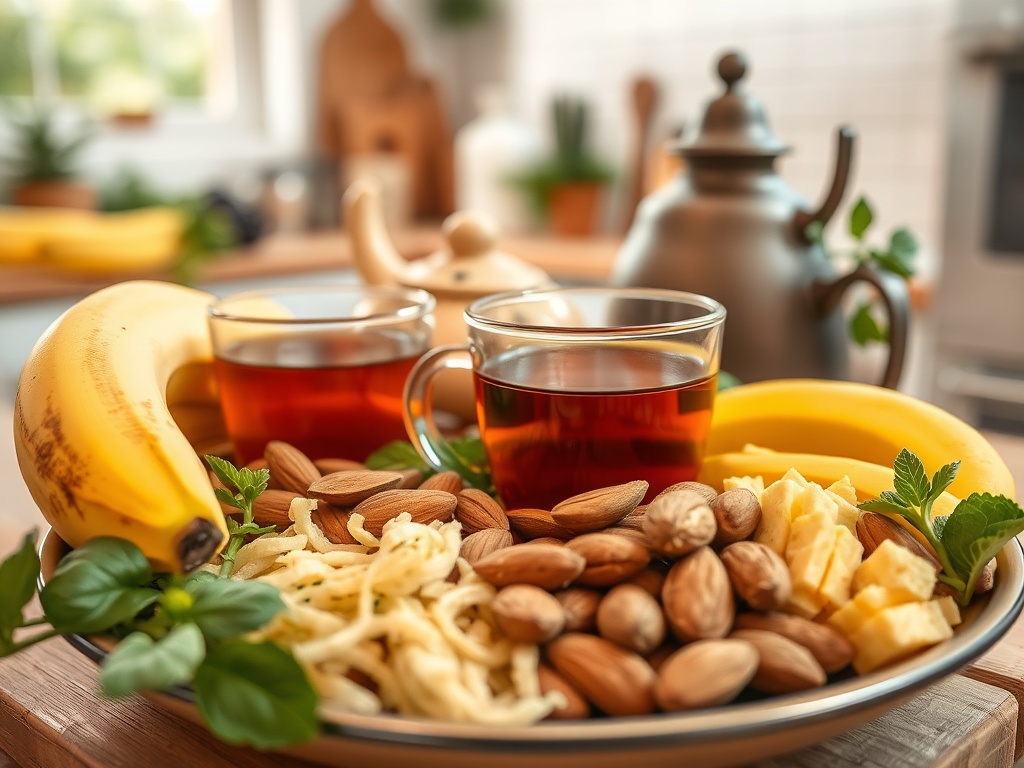 На тарелке фрукты и орехи, два чаши чая и зелень на фоне кухни. Закуска уютно оформлена.