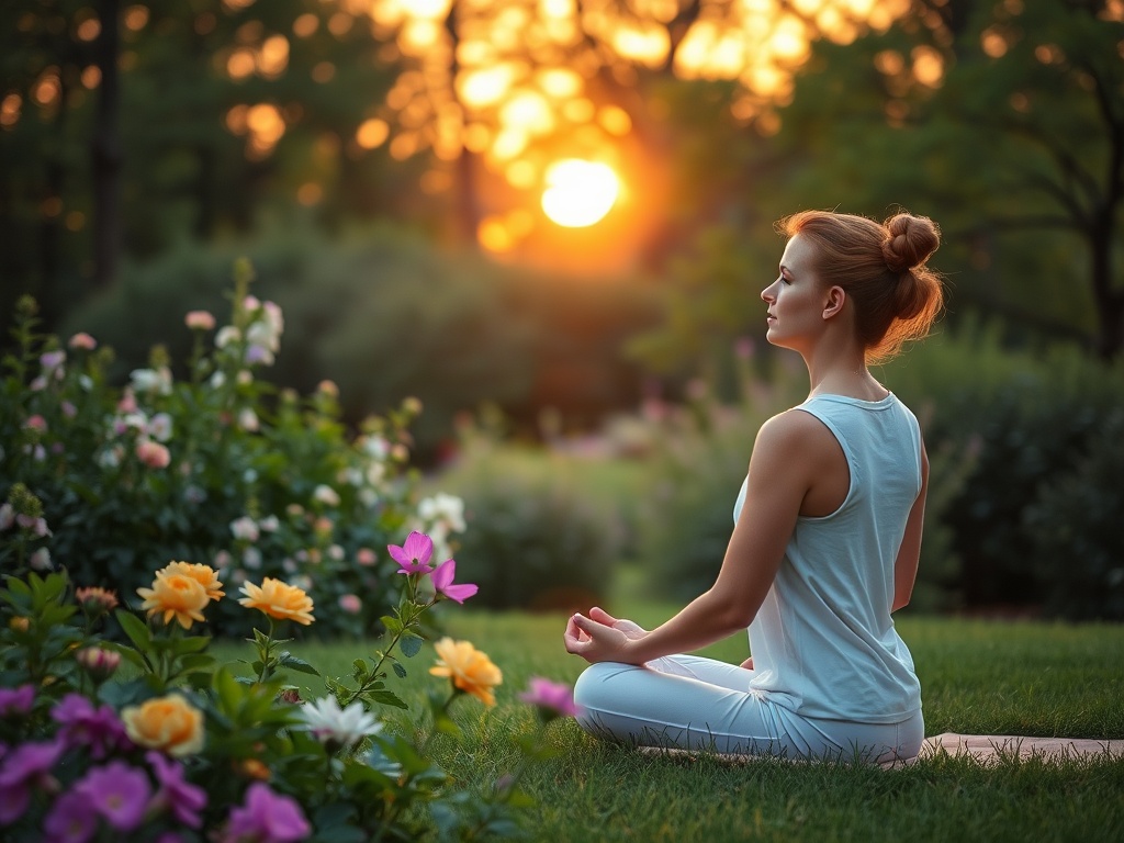 Женщина медитирует на траве среди цветов на фоне заката. Спокойная атмосфера и гармония с природой.