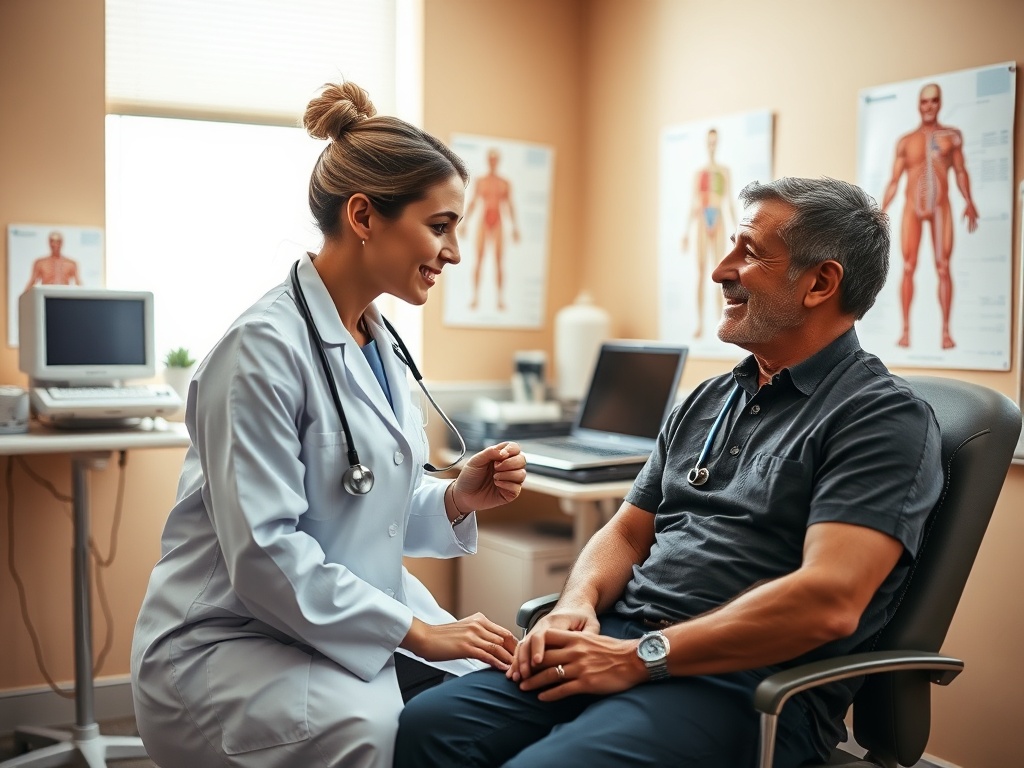 Доктор улыбается и общается с мужчиной на приеме в медицинском кабинете. На стенах плакаты анатомии.
