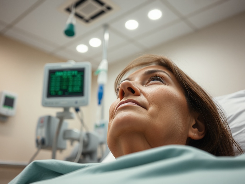 Женщина в hospital bed, смотрит вверх. На заднем плане медицинское оборудование и мягкое освещение.