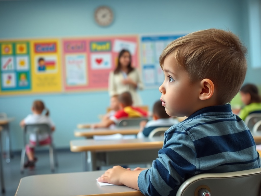 Мальчик в классе внимательно слушает, уделяя внимание учителю и окружающим. Стены украшены учебными материалами.
