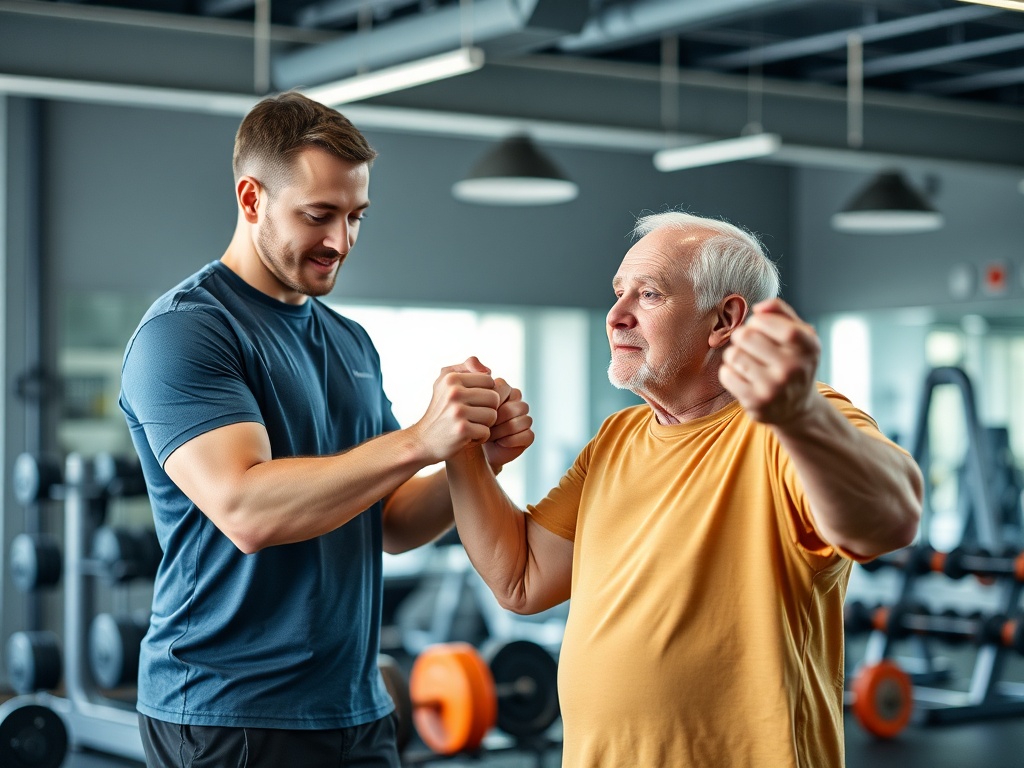 Молодой тренер помогает пожилому мужчине в спортзале, поддерживая его во время тренировки.