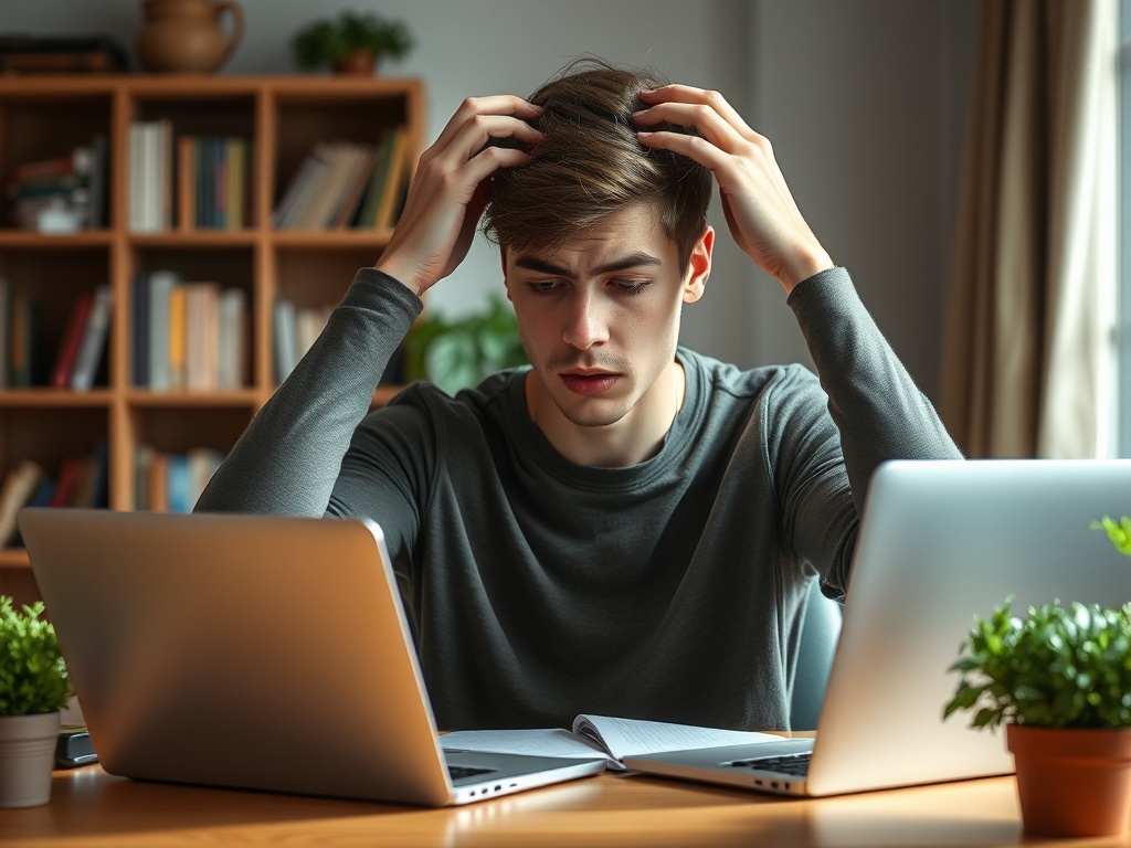 Молодой человек в стрессе сидит за столом с двумя ноутбуками, держа голову в руках на фоне домашней обстановки.