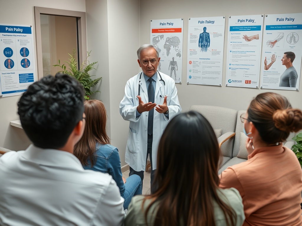 Врач объясняет пациентам информацию о боли, стоя перед постерами в кабинете.