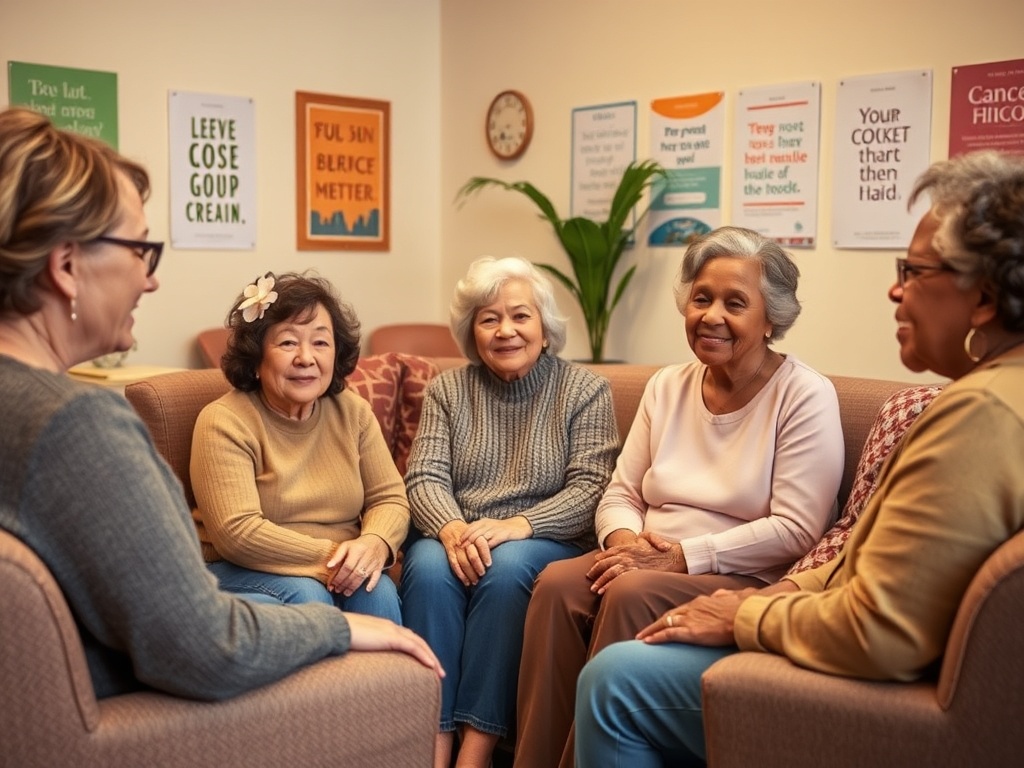 Группа пожилых женщин, сидящих в кругу, беседуют и улыбаются в уютной комнате.