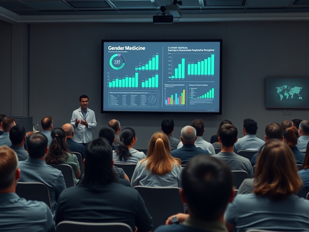 На семинаре по гендерной медицине докладчик рассказывает о статистике и графиках на экране.