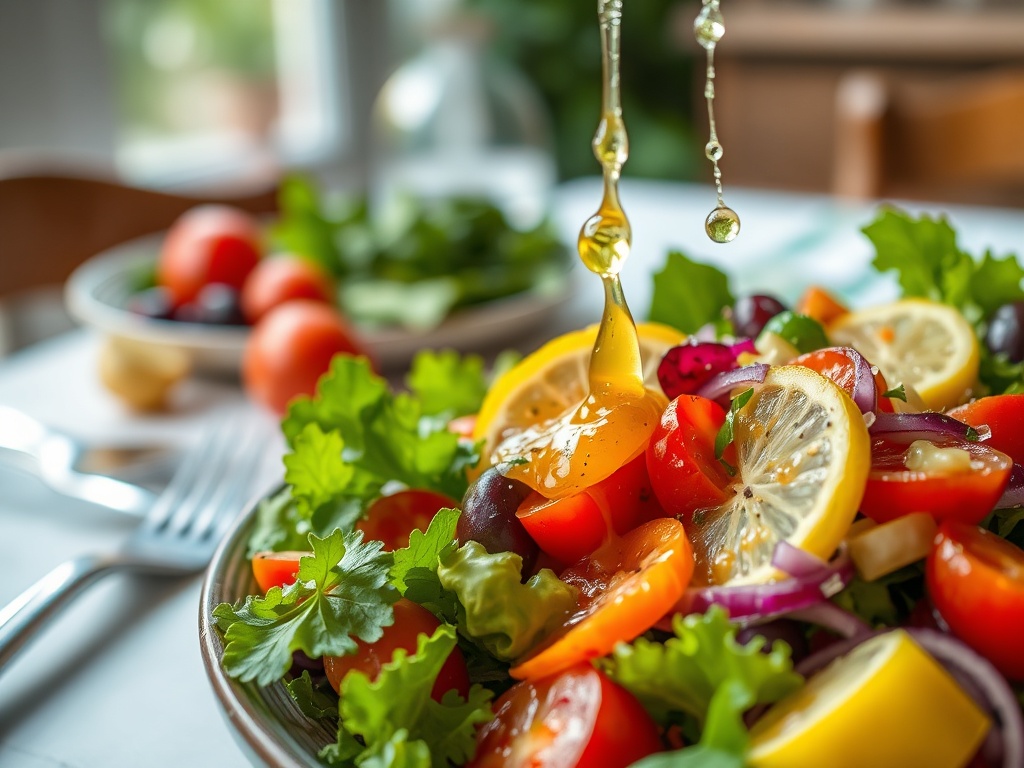 На изображении салат из свежих овощей с оливковым маслом и лимоном на фоне других ингредиентов.
