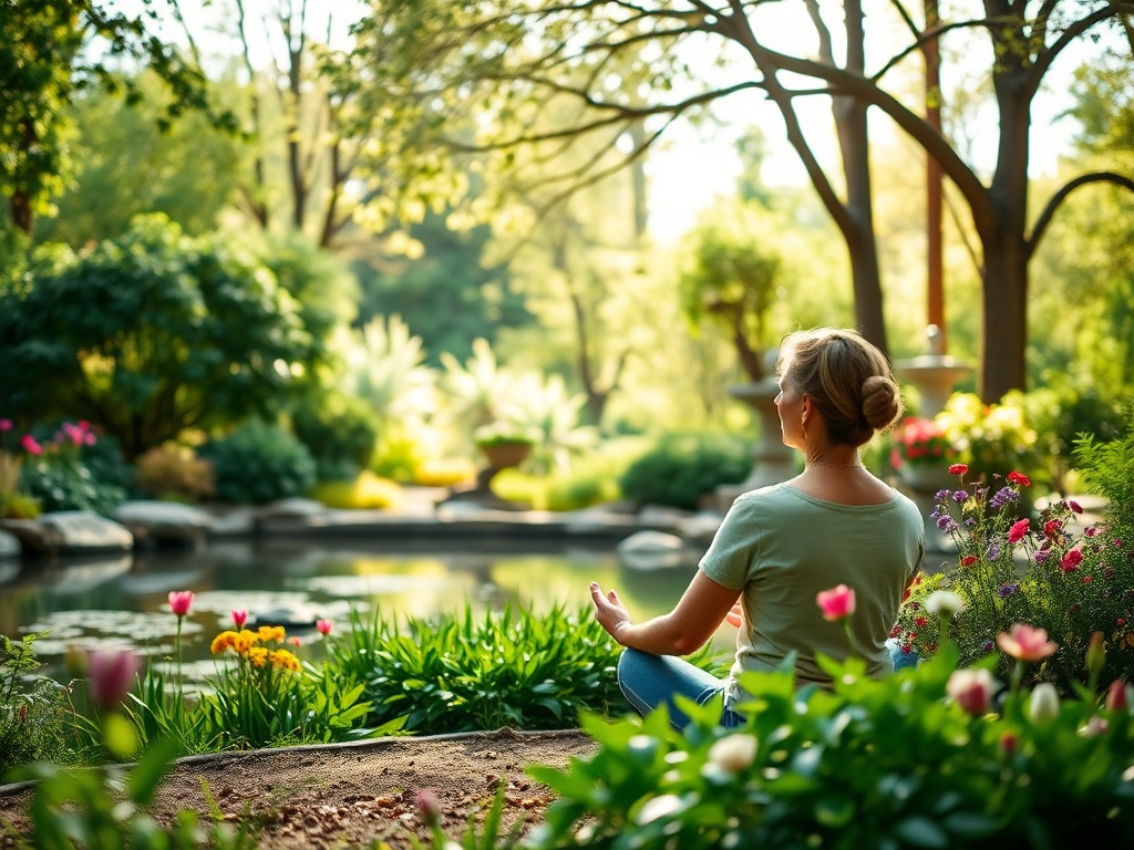 Женщина медитирует среди цветущего сада у пруда, окружённого зеленью и яркими цветами.