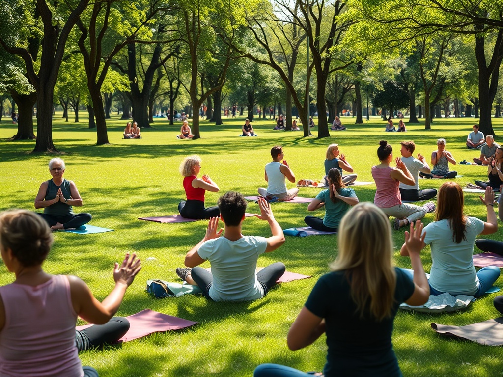 Группа людей занимается йогой на зеленом травяном газоне в парке под деревьями.
