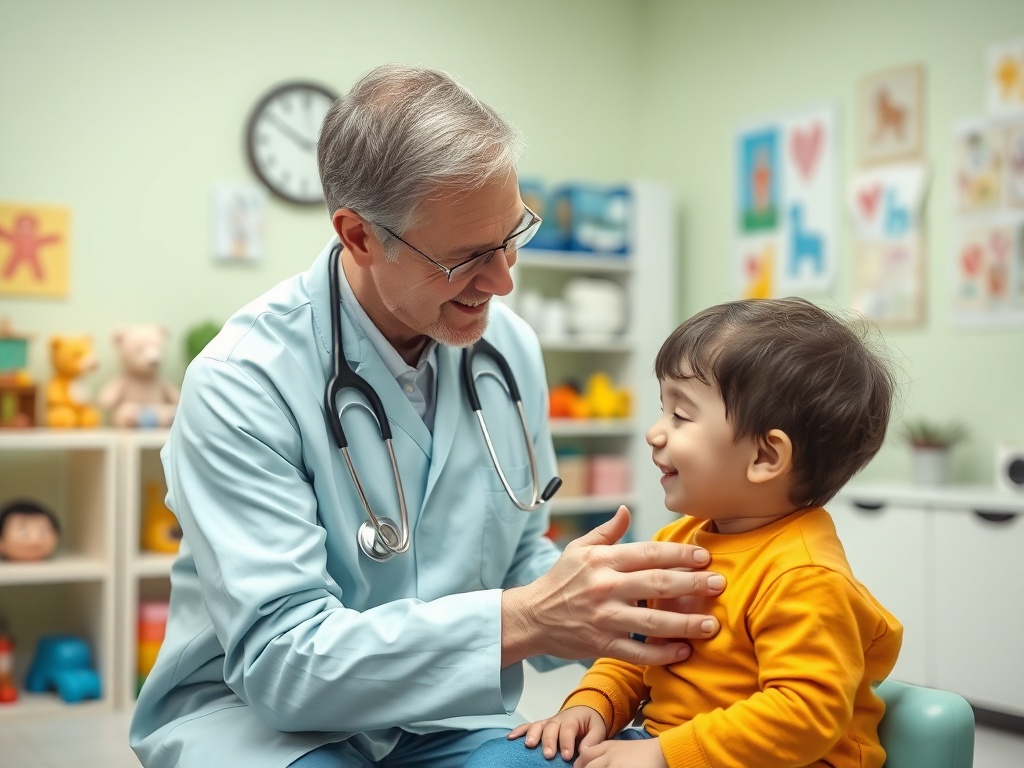 Врач улыбается и общается с маленьким мальчиком в игровом кабинете, наполняя атмосферу добротой и заботой.