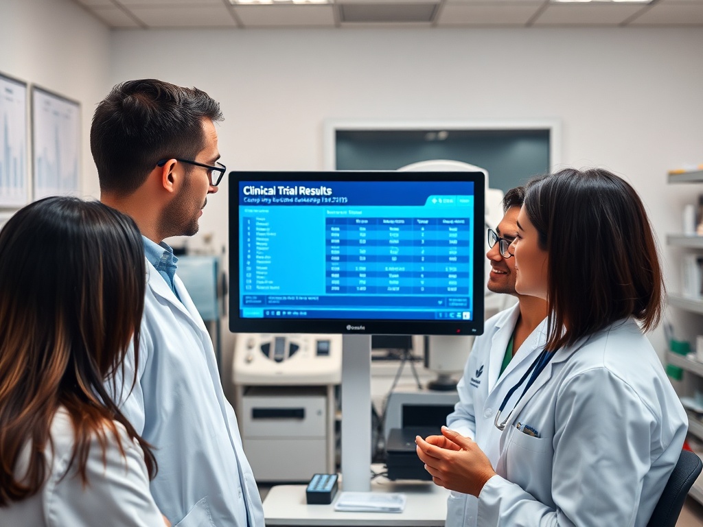 Четыре медицинских работника обсуждают результаты клинических испытаний у компьютера в офисе.