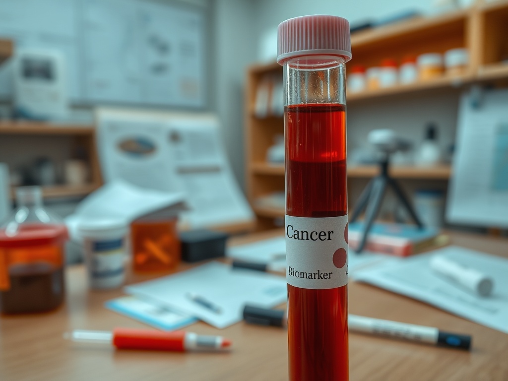 Трубка с красной жидкостью, помеченная "Рак" и "Биомаркер", на фоне лаборатории.