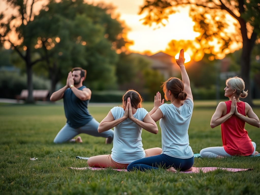 Группа людей занимается йогой на траве на фоне заката в спокойной атмосфере.