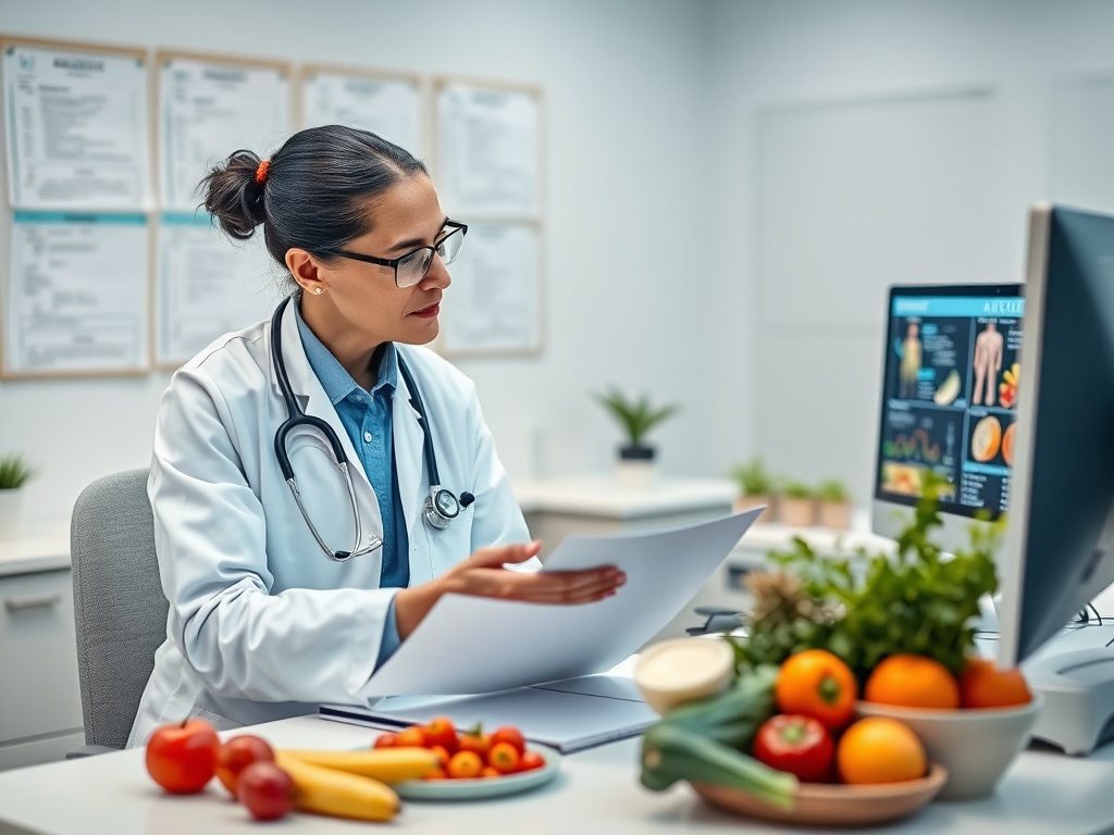 Врач смотрит на документы и обсуждает полезные продукты на столе с фруктами и овощами.