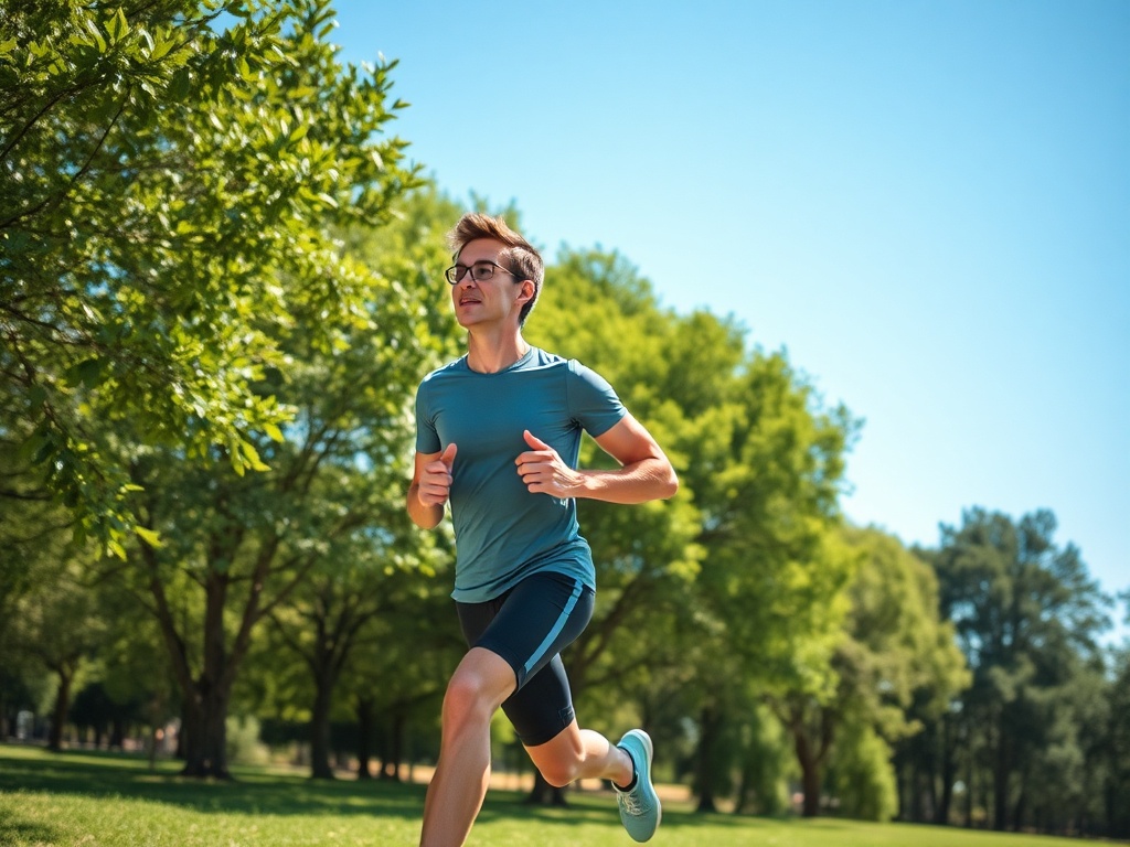 Молодой человек в спортивной одежде бегает по парку в солнечный день, окруженный зелеными деревьями.