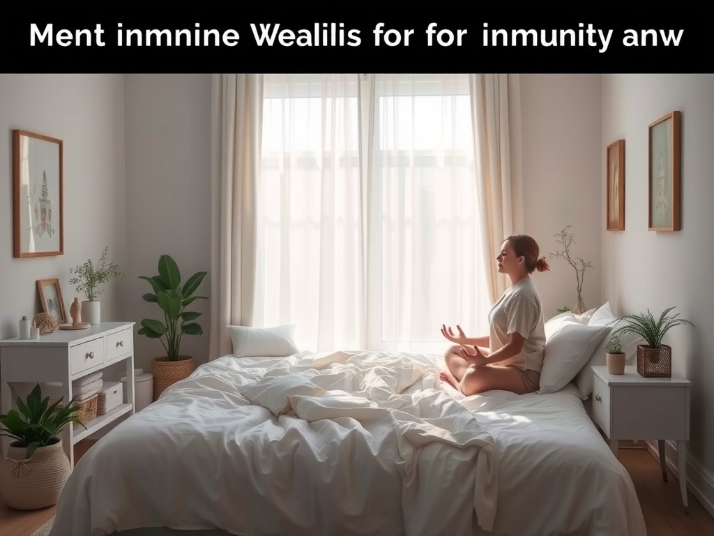 Женщина сидит на кровати в светлой комнате, медитируя у окна, заполненного солнечным светом.