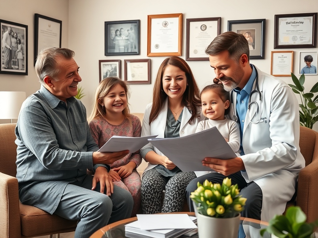 Семья и врач обсуждают документы, сидя в уютном кабинете. Атмосфера дружелюбная и поддерживающая.