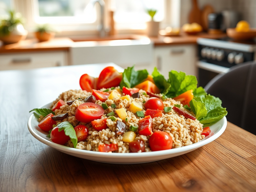 Красивая тарелка с салатом из булгура, помидоров, зелени и сладкого перца на деревянном столе.