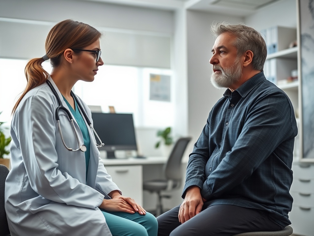 Врач обсуждает с пациентом его состояние здоровья в медицинском кабинете. Оба выглядят серьезно и сосредоточенно.
