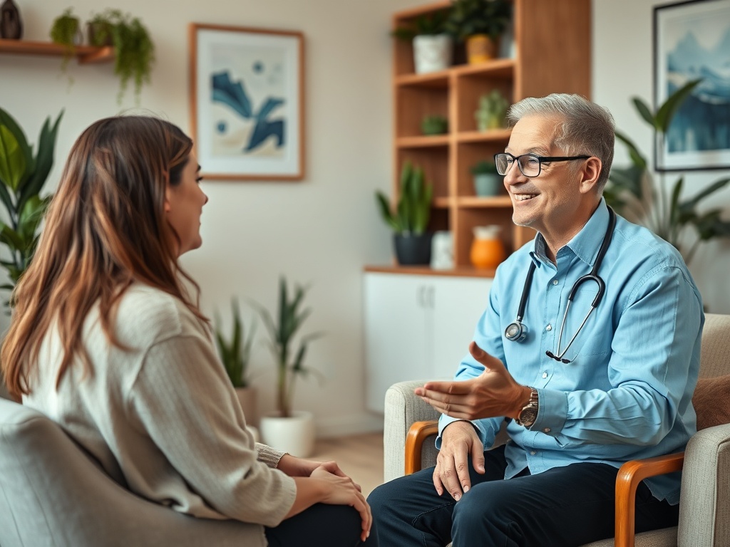 Врач беседует с пациенткой в уютном кабинете, окруженном зелеными растениями и приятной атмосферой.