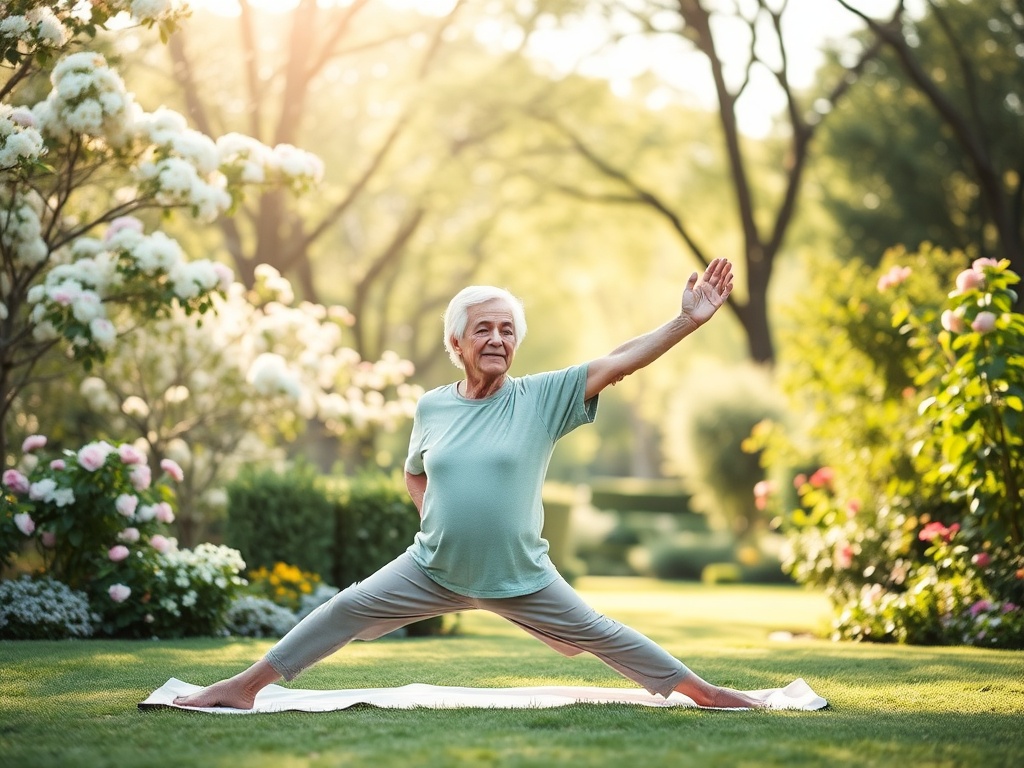 Пожилая женщина занимается йогой на зелёной лужайке среди цветов в солнечный день.