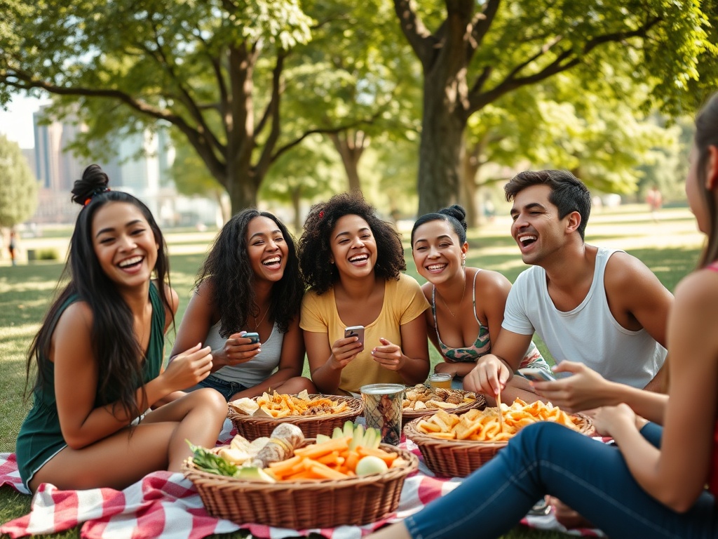 Группа друзей смеется и отдыхает на пикнике с едой, сидя на траве в парке. Солнечный день, хорошее настроение.