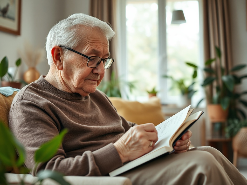 Пожилой человек читает книгу, сидя в уютной комнате, окружённой растениями.