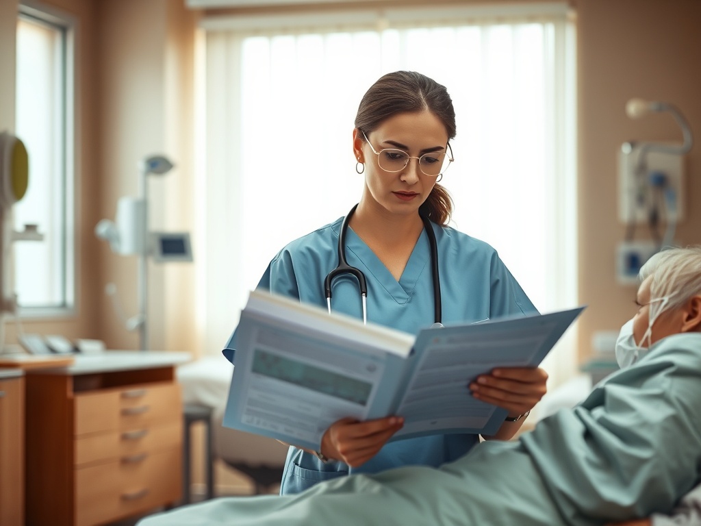 Медсестра в синем халате читает документы у больного в палате.