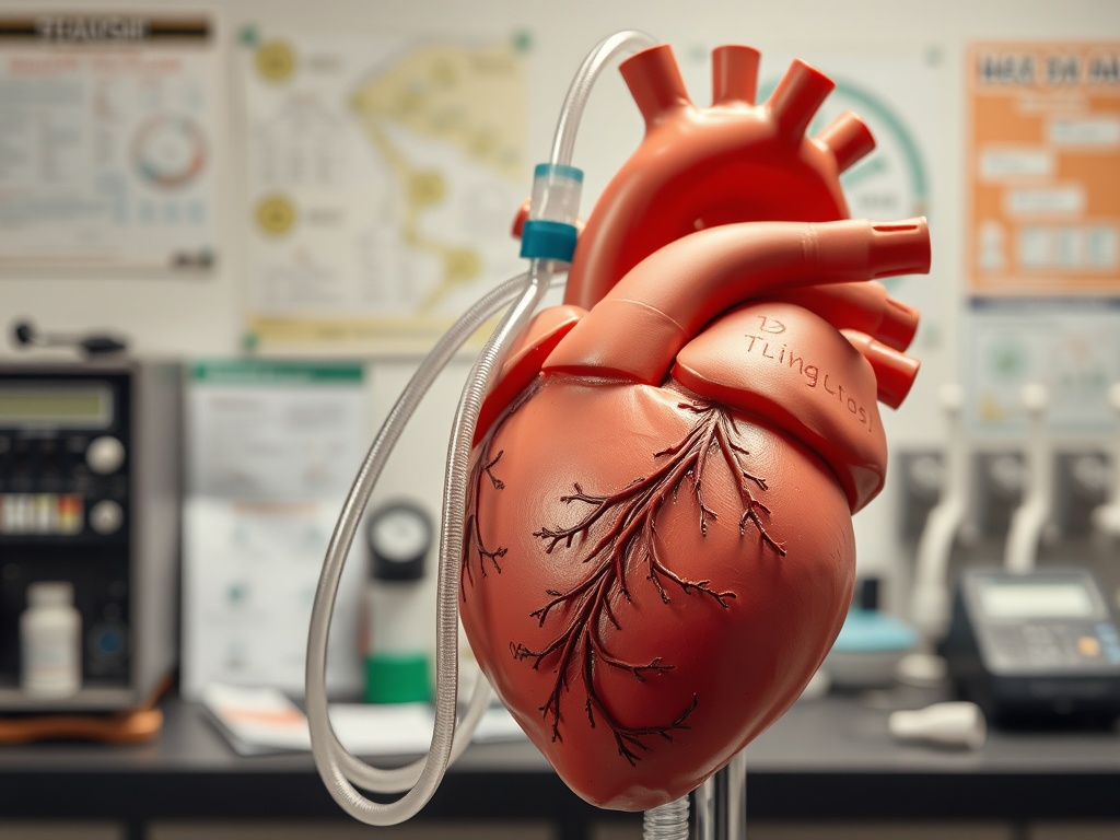 Модель человеческого сердца с артериями на фоне медицинского оборудования и документации.