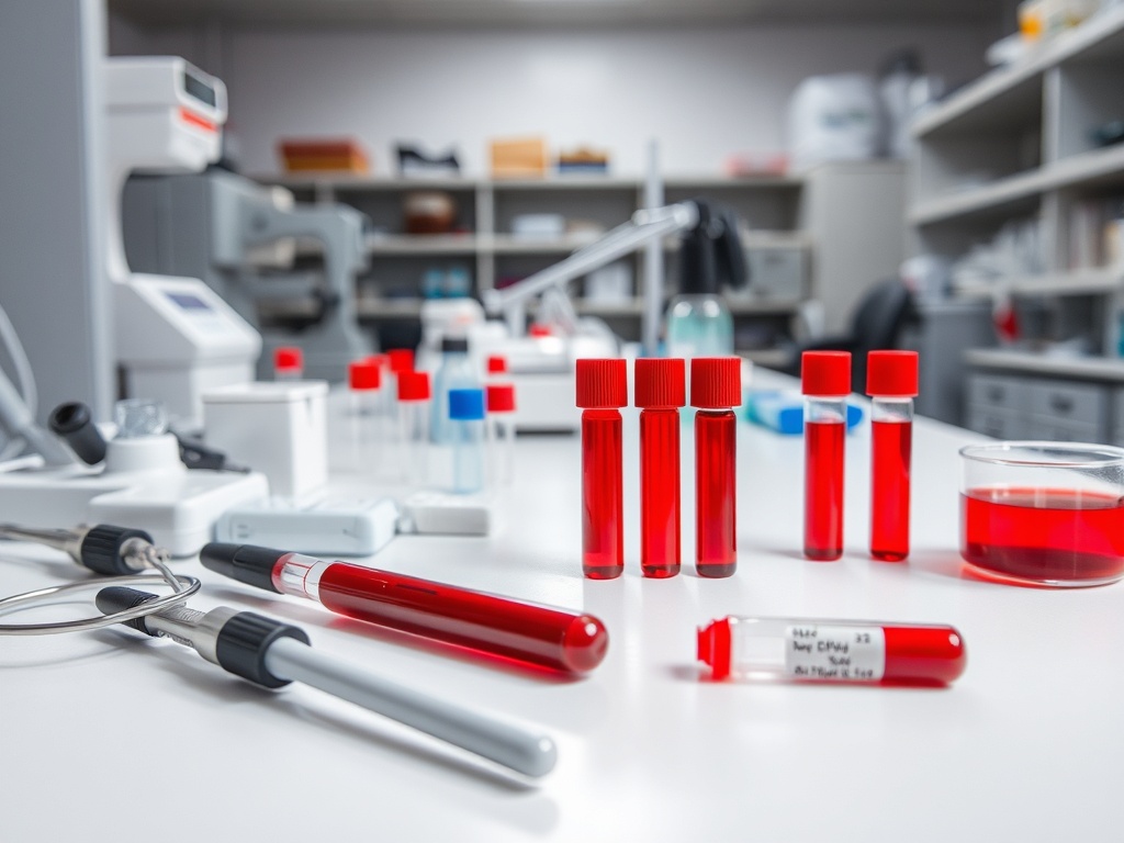 Лабораторный стол с пробирками с красной жидкостью и медицинским оборудованием на фоне.