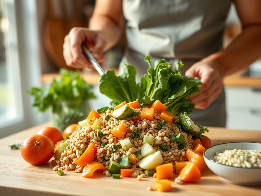На столе расположен салат из овощей и зерен, человек готовит, добавляя свежие ингредиенты.