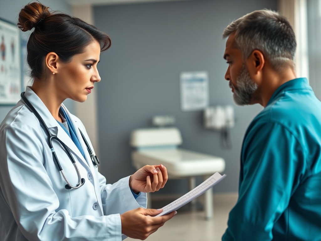 Врач беседует с пациентом о его здоровье, используя медицинские документы для объяснения ситуации.