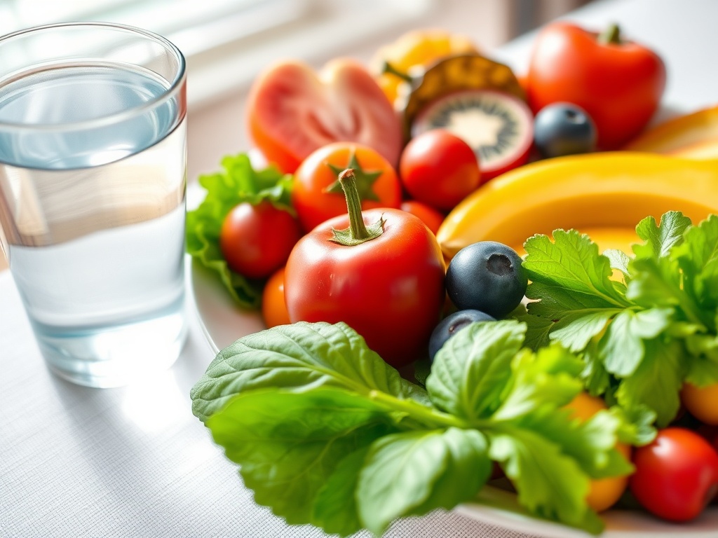 На столе овощи и фрукты: помидоры, бананы, ягоды и листовая зелень, а рядом стакан воды.