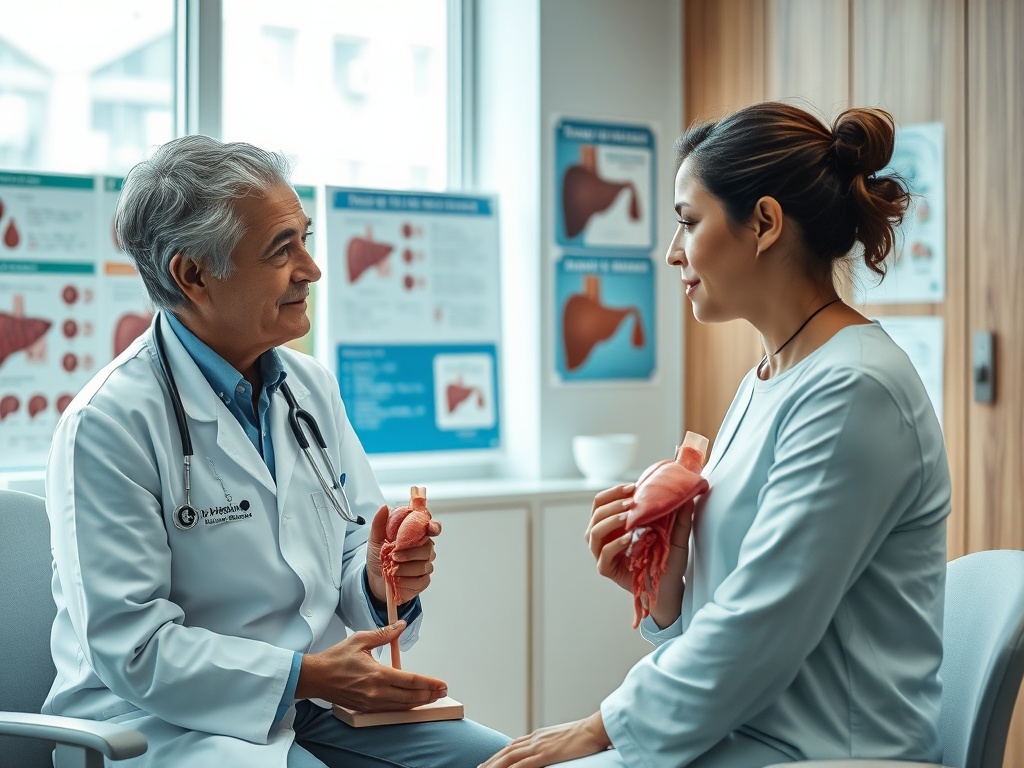 Врач объясняет пациентке анатомию сердца, используя модели органов в кабинете.